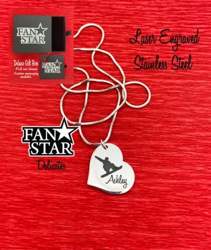 Engraved Stainless Steel Snowboarder Heart Pendant Necklace Outline