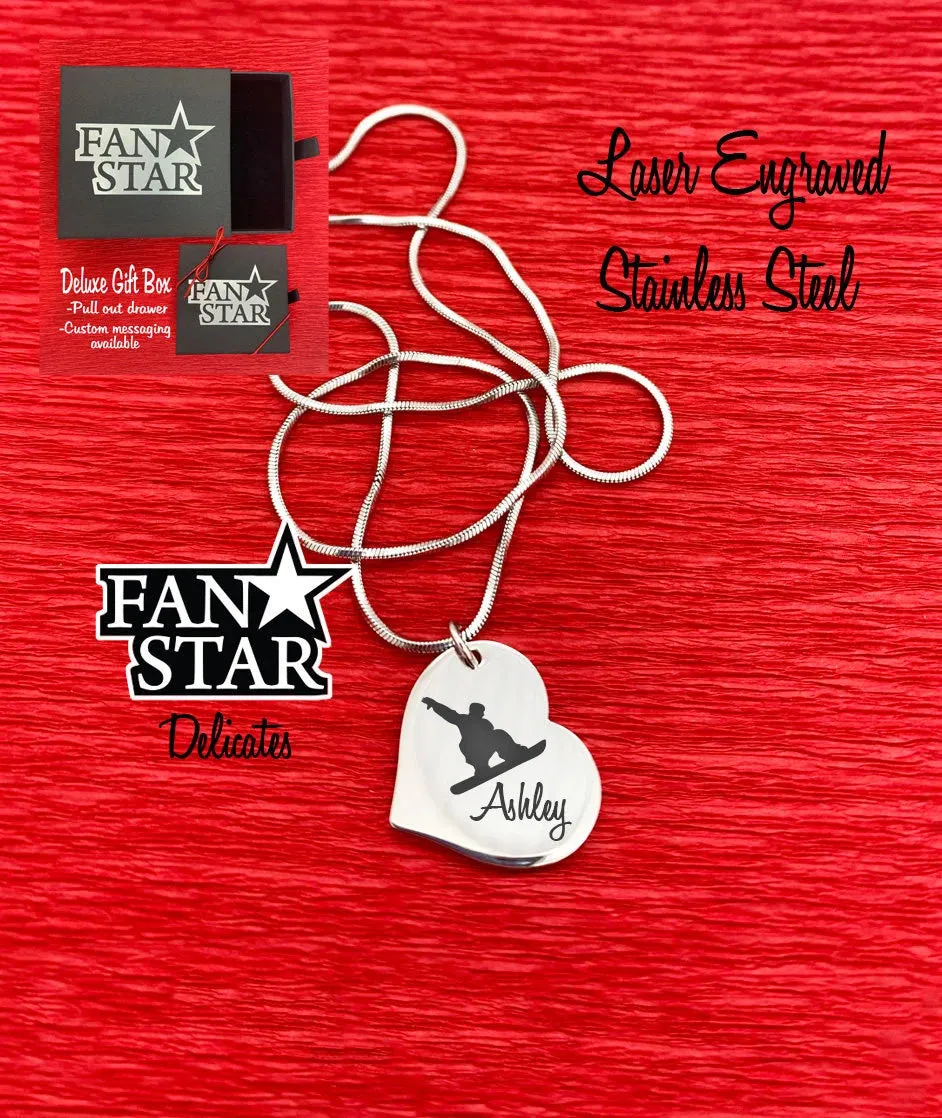 Engraved Stainless Steel Snowboarder Heart Pendant Necklace Outline
