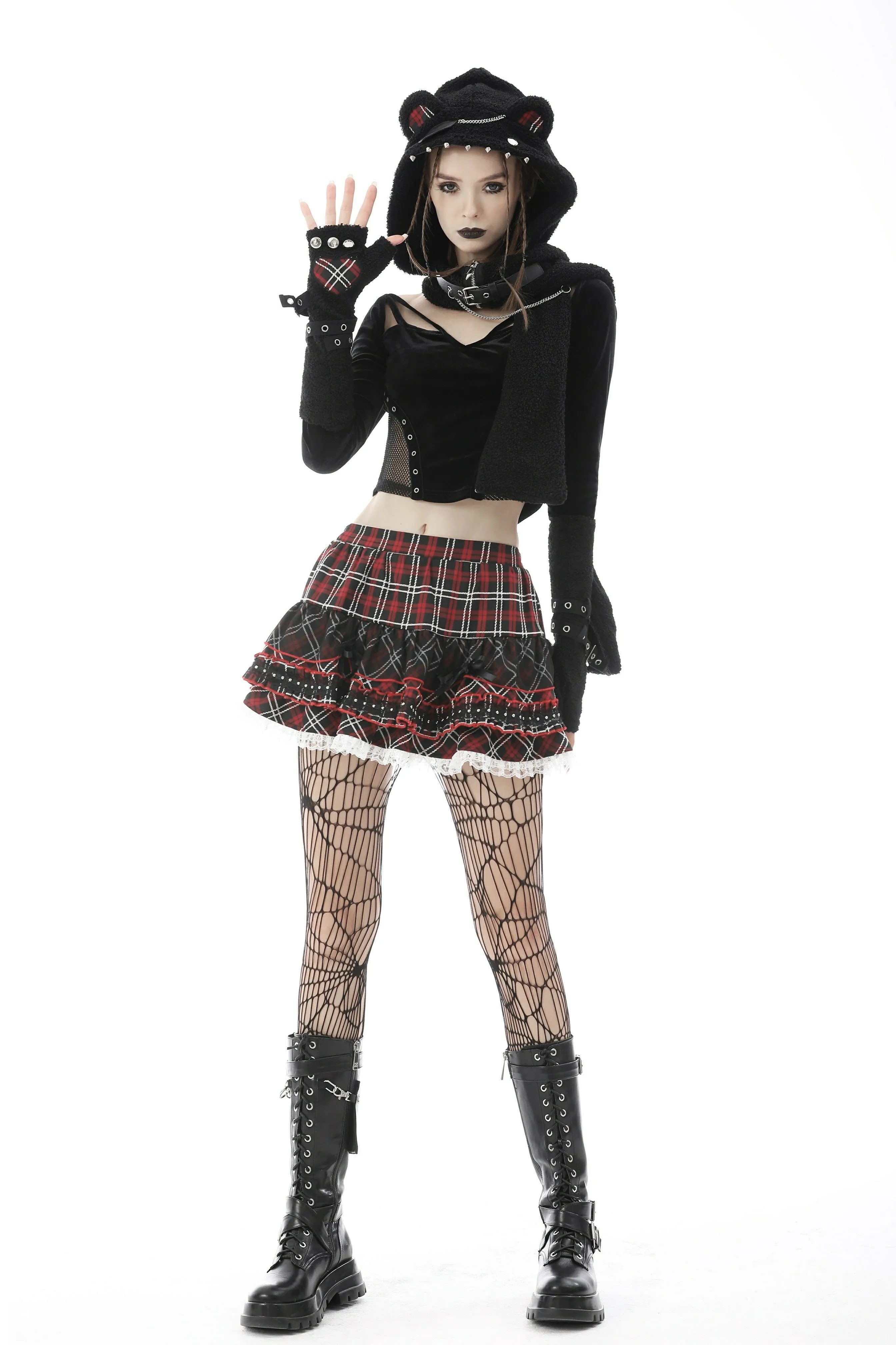 Punk metal warm wooly plaid cat claw gloves AGL016