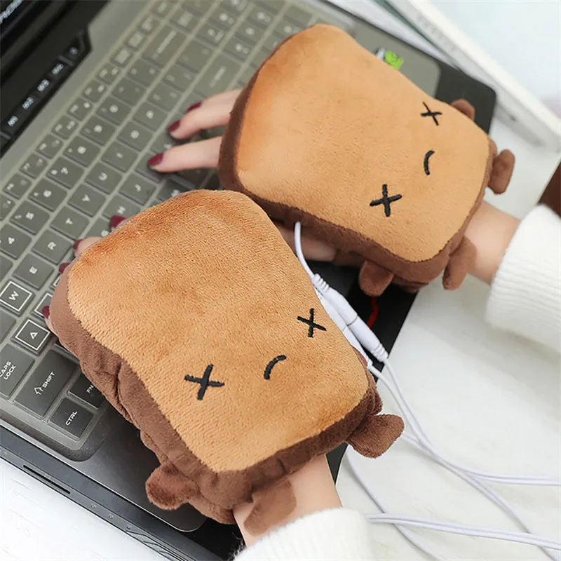 Winter USB Heated Hand Warmers Cute Cartoon Heating Fingerless Gloves