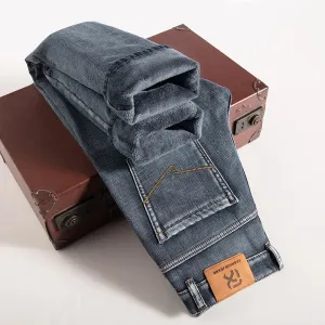 Winter Warm Men Blue Grey Fleece Thick Jeans