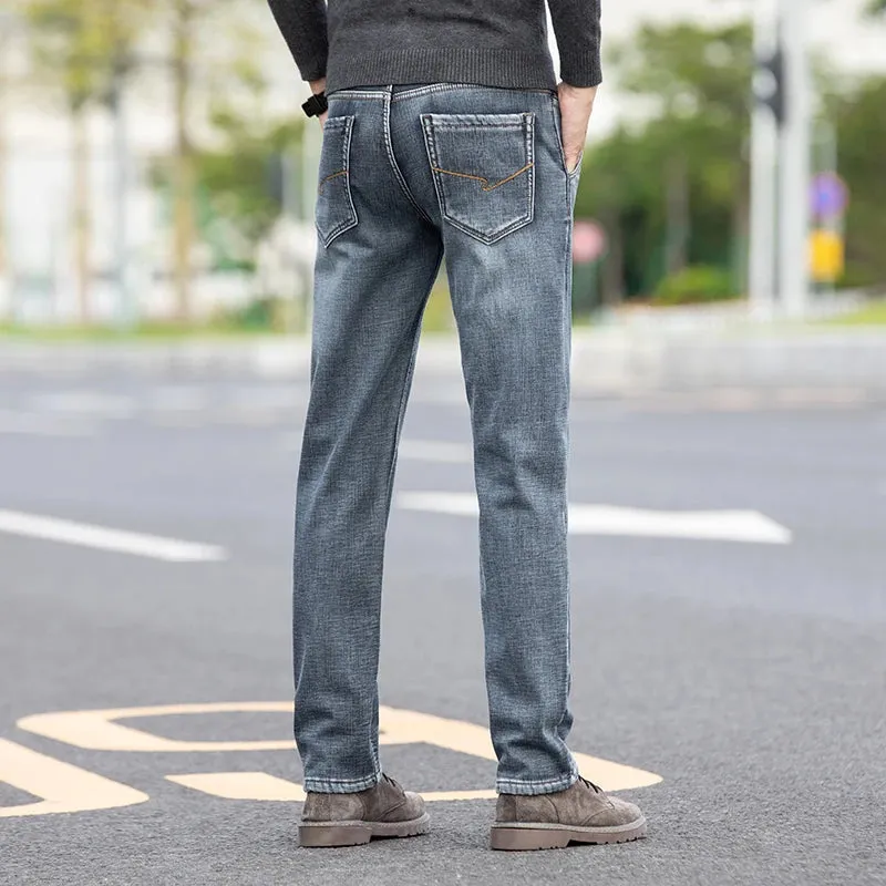 Winter Warm Men Blue Grey Fleece Thick Jeans