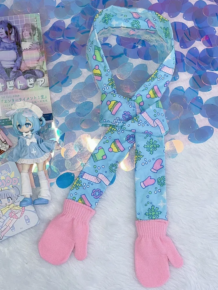 Y2K Blue Fairy Kei Cartoon Print Gloves-shaped Scarf