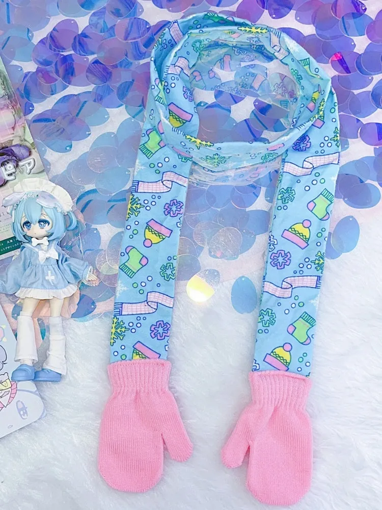 Y2K Blue Fairy Kei Cartoon Print Gloves-shaped Scarf
