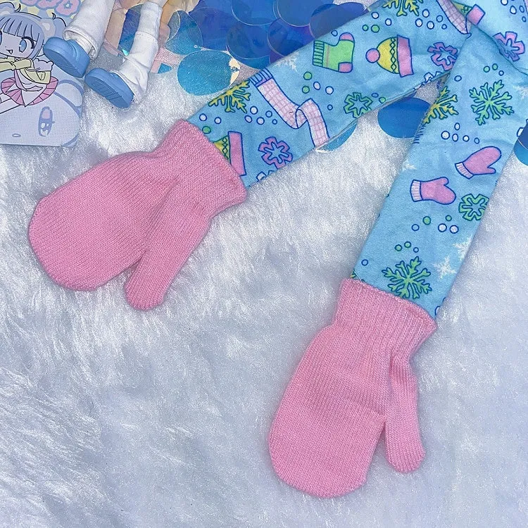 Y2K Blue Fairy Kei Cartoon Print Gloves-shaped Scarf