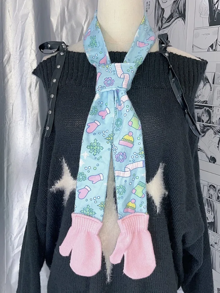 Y2K Blue Fairy Kei Cartoon Print Gloves-shaped Scarf