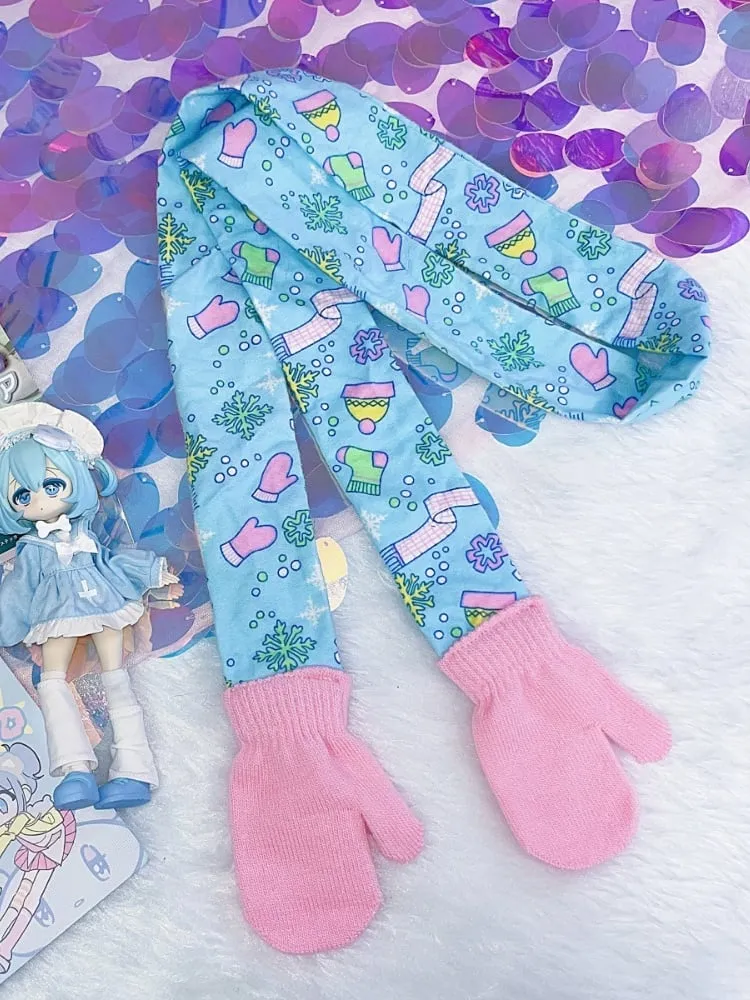 Y2K Blue Fairy Kei Cartoon Print Gloves-shaped Scarf